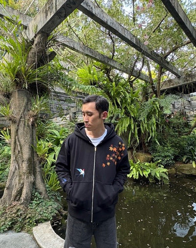 Embroidered Autumn Tranquility Zip Up (Oversized) - Black