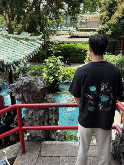 Embroidered Heavy Weight Koi Pond T shirt (Oversized) - Black