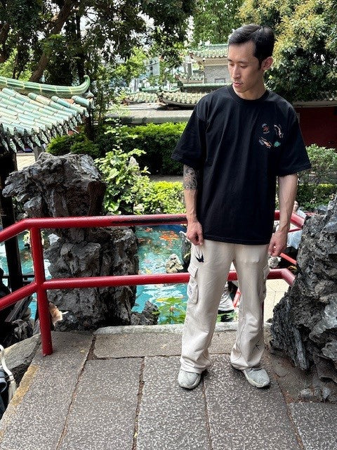 Embroidered Heavy Weight Koi Pond T shirt (Oversized) - Black