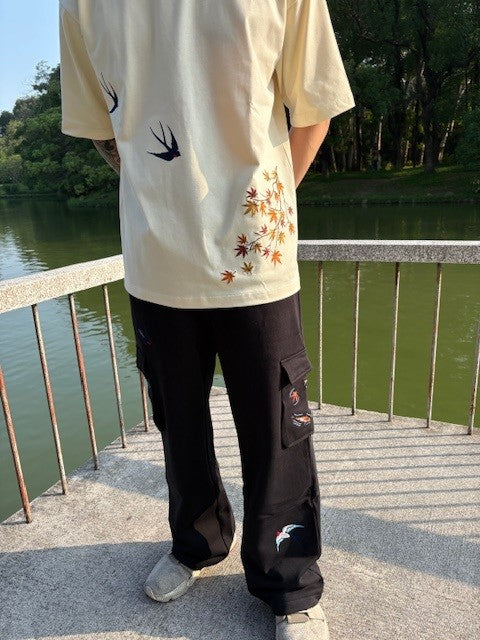 Embroidered Autumn Tranquility Baggy Cargo Sweatpants - Beige