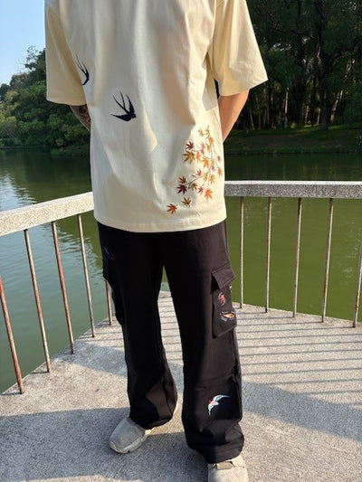 Embroidered Autumn Tranquility Baggy Cargo Sweatpants - Beige