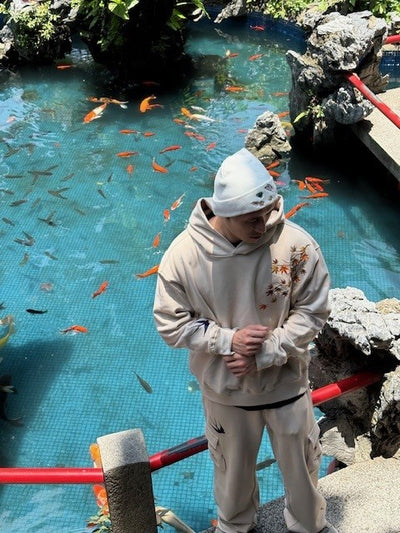 Embroidered Autumn Tranquility Hoodie (Oversized) - Beige