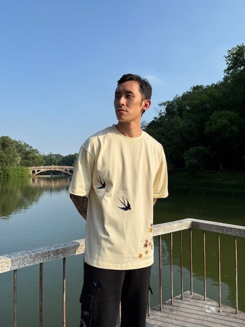 Embroidered Heavy Weight Autumn Fall T shirt (Oversized) - Ivory