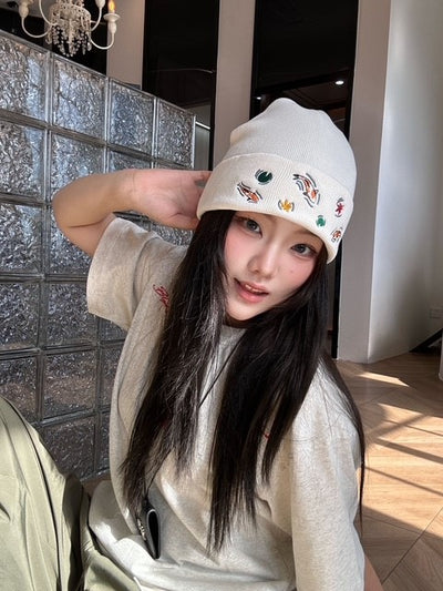 Embroidered Koi Pond Beanie - Off White