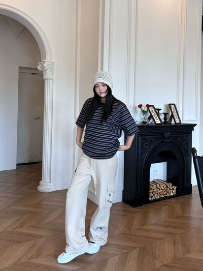 Embroidered Autumn Tranquility Baggy Cargo Sweatpants - Beige
