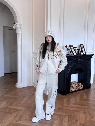 Embroidered Autumn Tranquility Zip Up (Oversized) - Black