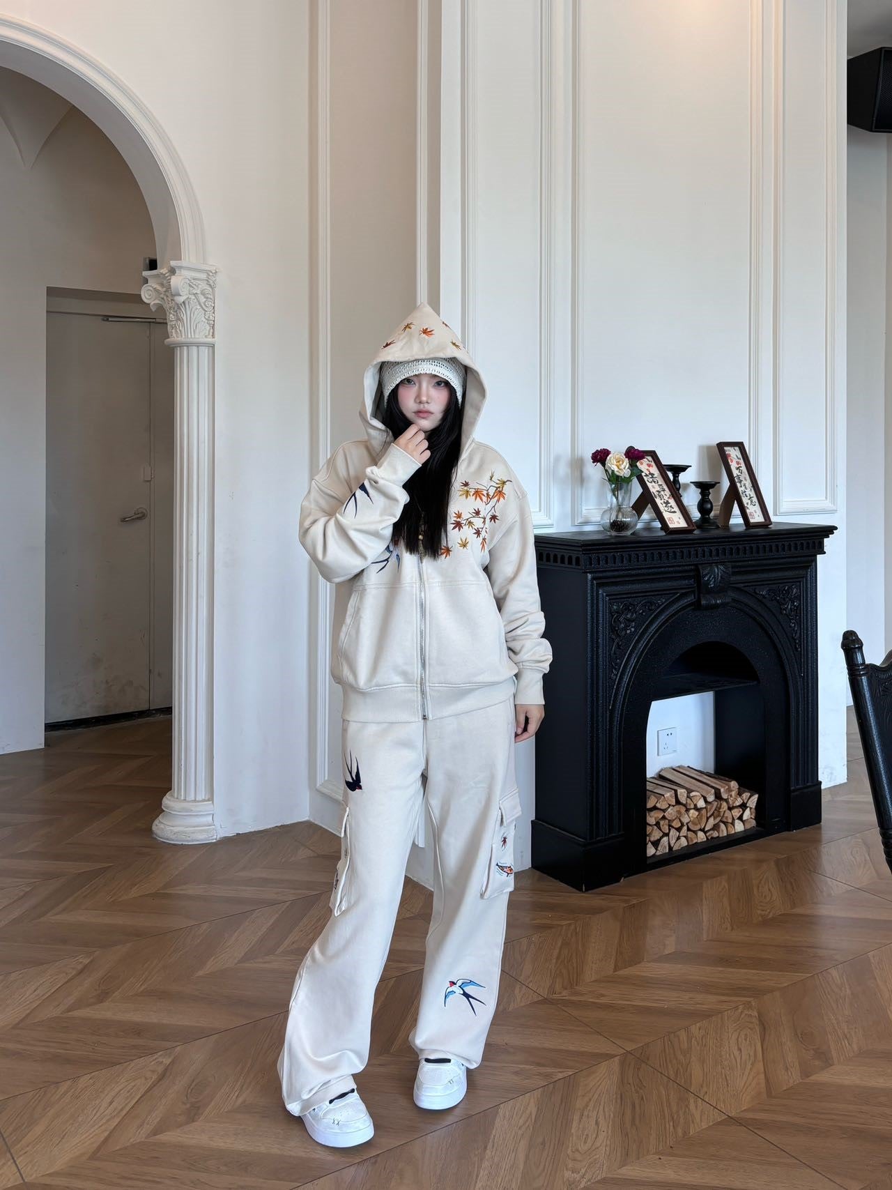 Embroidered Autumn Tranquility Zip Up (Oversized) - Beige