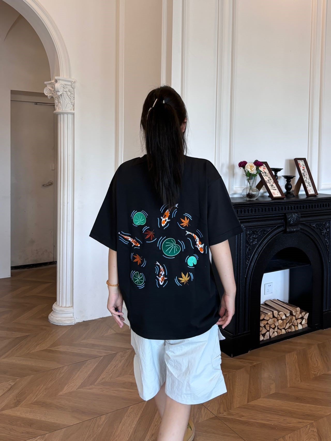 Embroidered Heavy Weight Koi Pond T shirt (Oversized) - Black