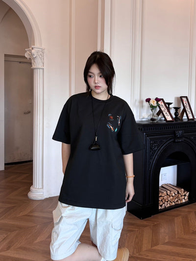 Embroidered Heavy Weight Koi Pond T shirt (Oversized) - Black