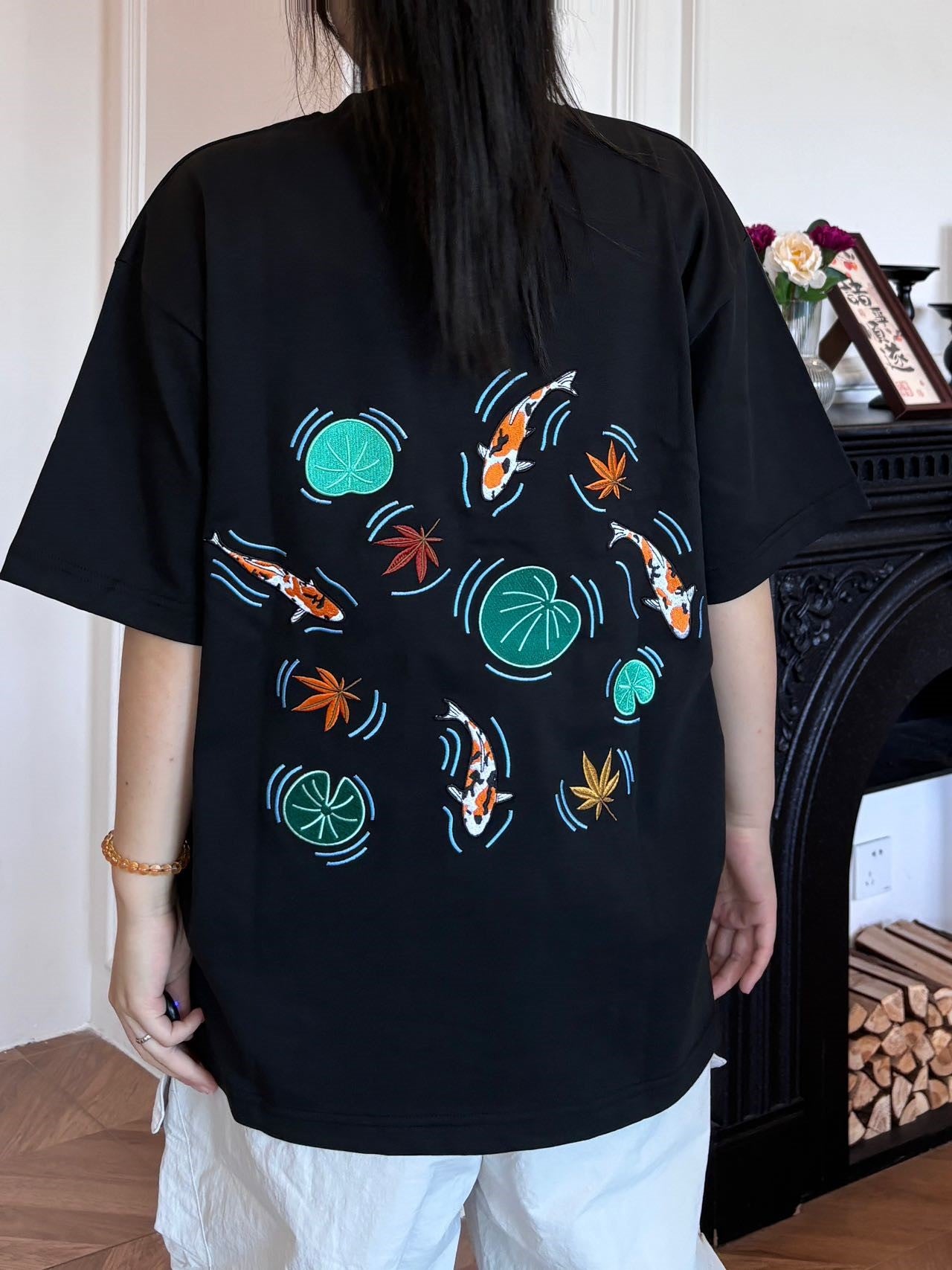 Embroidered Heavy Weight Koi Pond T shirt (Oversized) - Black