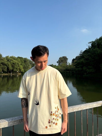 Embroidered Heavy Weight Autumn Fall T shirt (Oversized) - Ivory