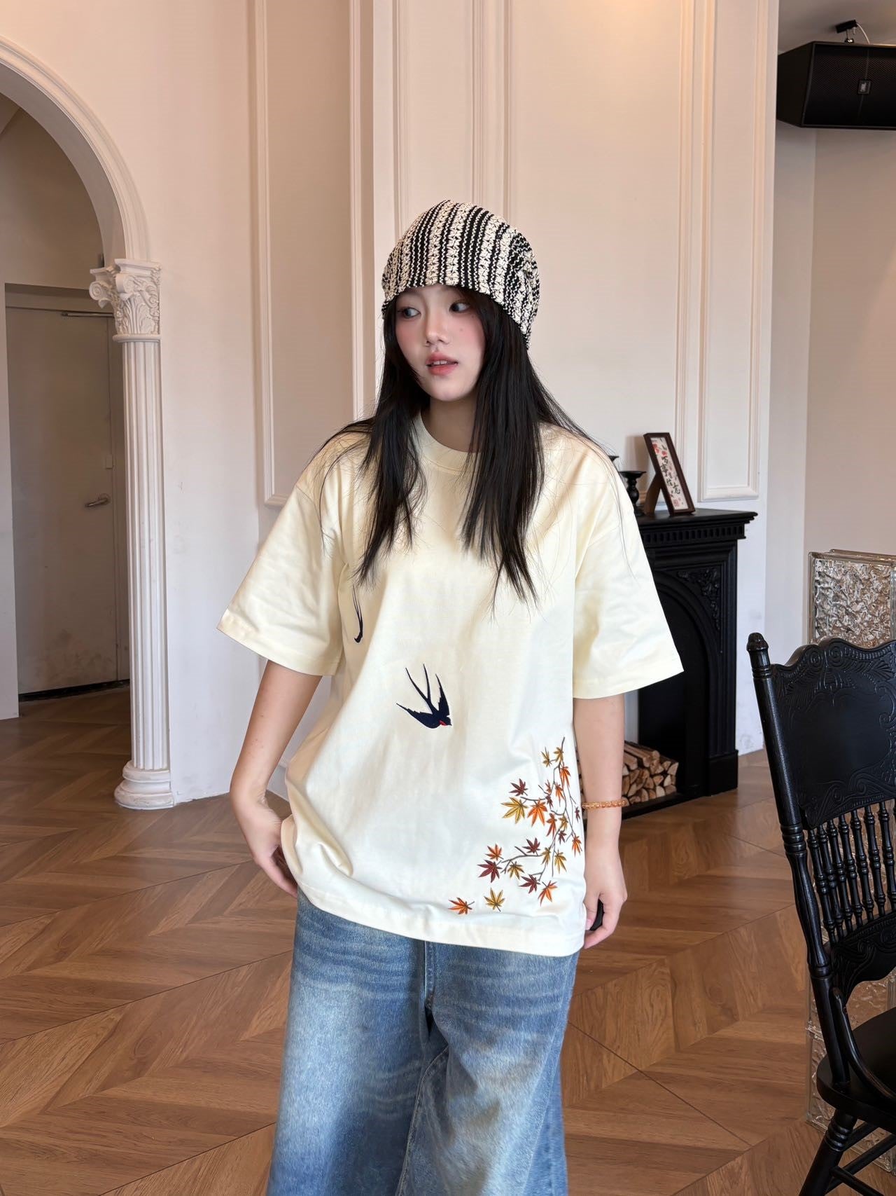 Embroidered Heavy Weight Autumn Fall T shirt (Oversized) - Ivory