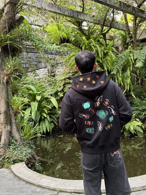 Embroidered Autumn Tranquility Zip Up (Oversized) - Black