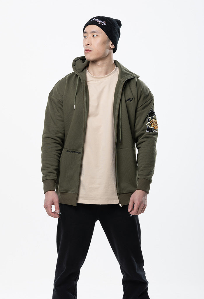 Embroidered Floral Zip Hoodie - Khaki Green