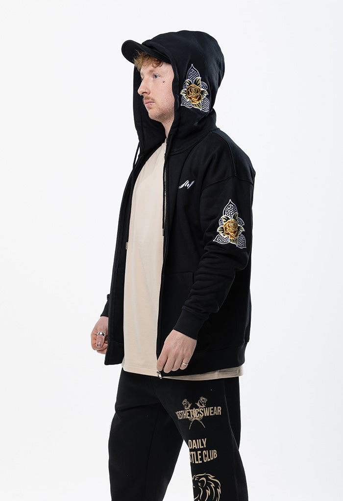 Embroidered Floral Zip Hoodie - Black