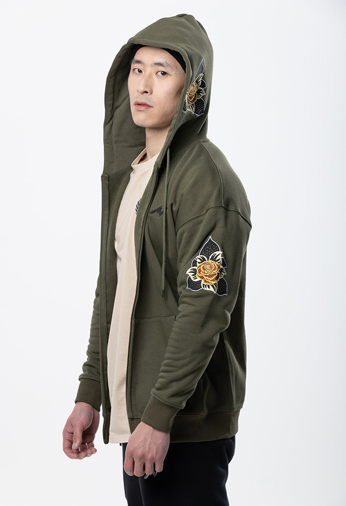 Embroidered Floral Zip Hoodie - Khaki Green