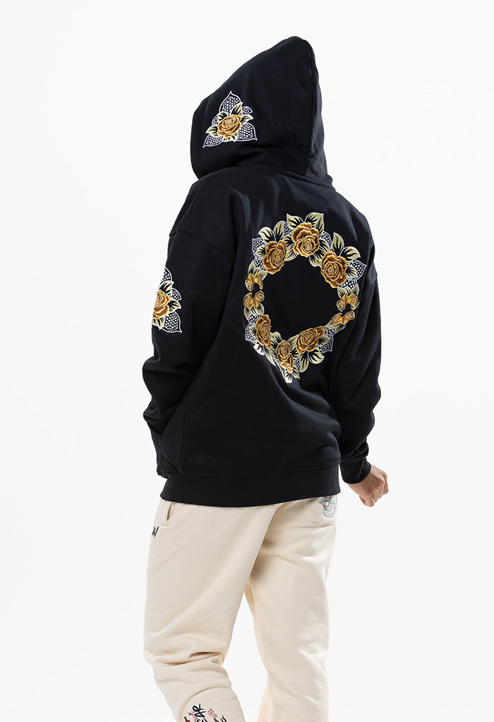 Embroidered Floral Zip Hoodie - Black