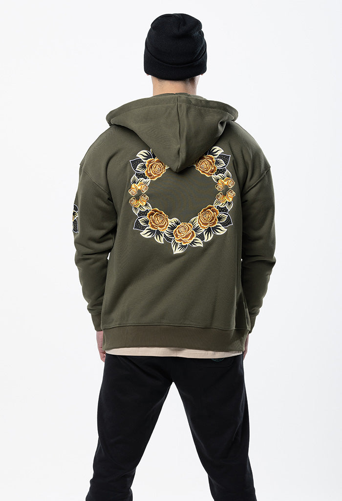 Embroidered Floral Zip Hoodie - Khaki Green