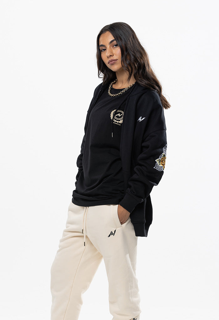 Embroidered Floral Zip Hoodie - Black