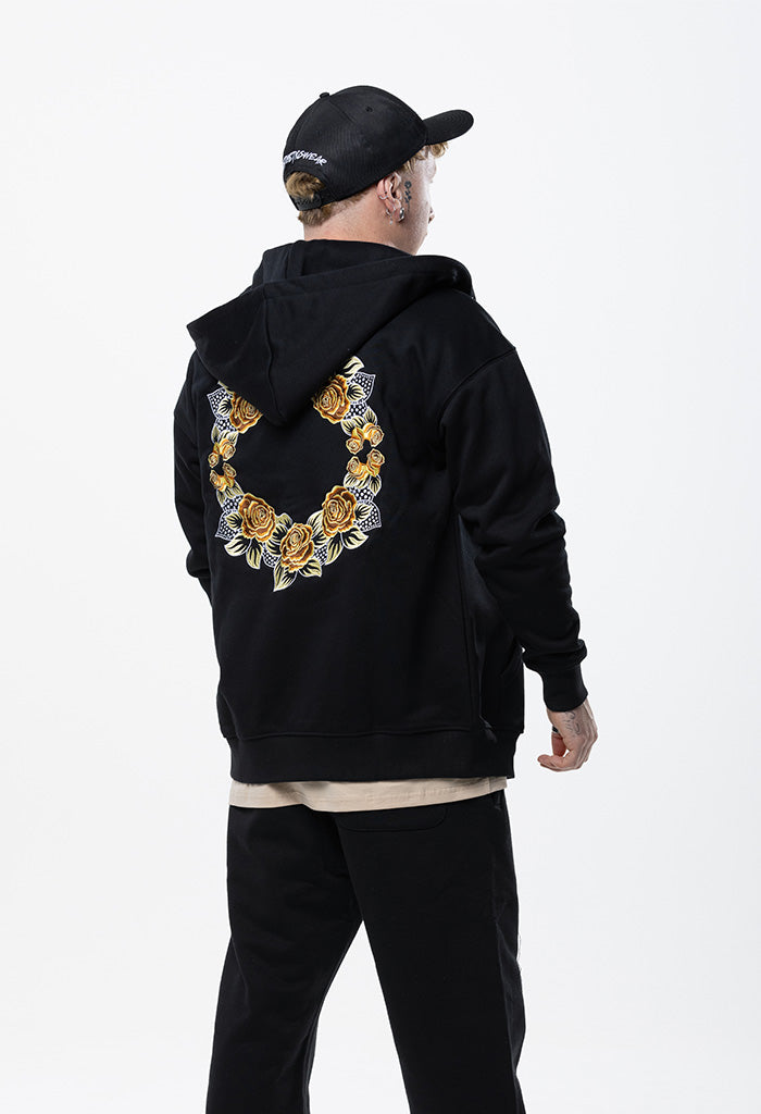 Embroidered Floral Zip Hoodie - Black