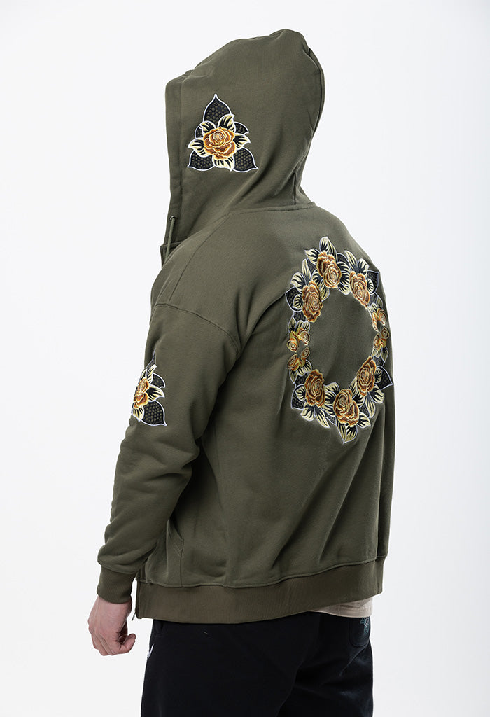 Embroidered Floral Zip Hoodie - Khaki Green