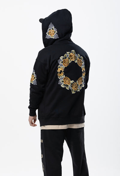 Embroidered Floral Zip Hoodie - Black