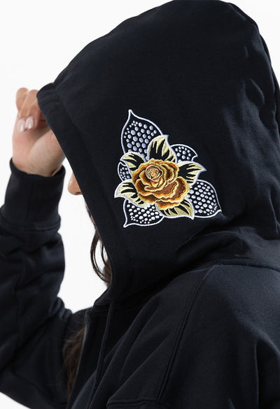 Embroidered Floral Zip Hoodie - Black