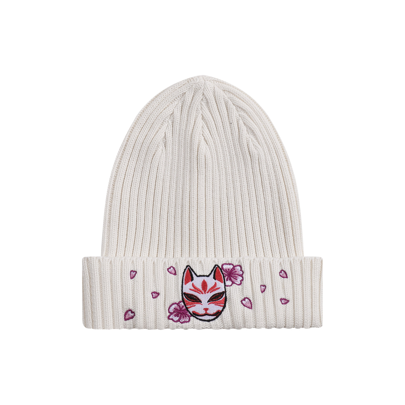 Embroidered Kitsune Mask and Blossom Beanie - Off White