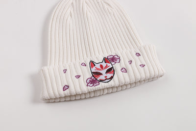 Embroidered Kitsune Mask and Blossom Beanie - Off White