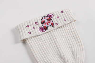 Embroidered Kitsune Mask and Blossom Beanie - Off White