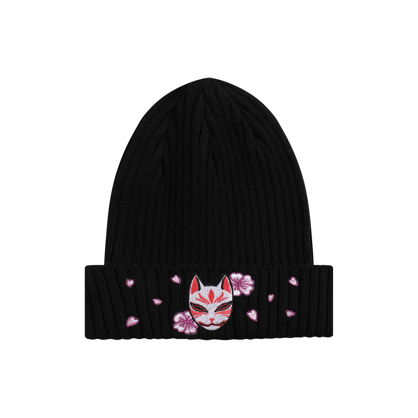 Embroidered Kitsune Mask and Blossom Beanie - Black