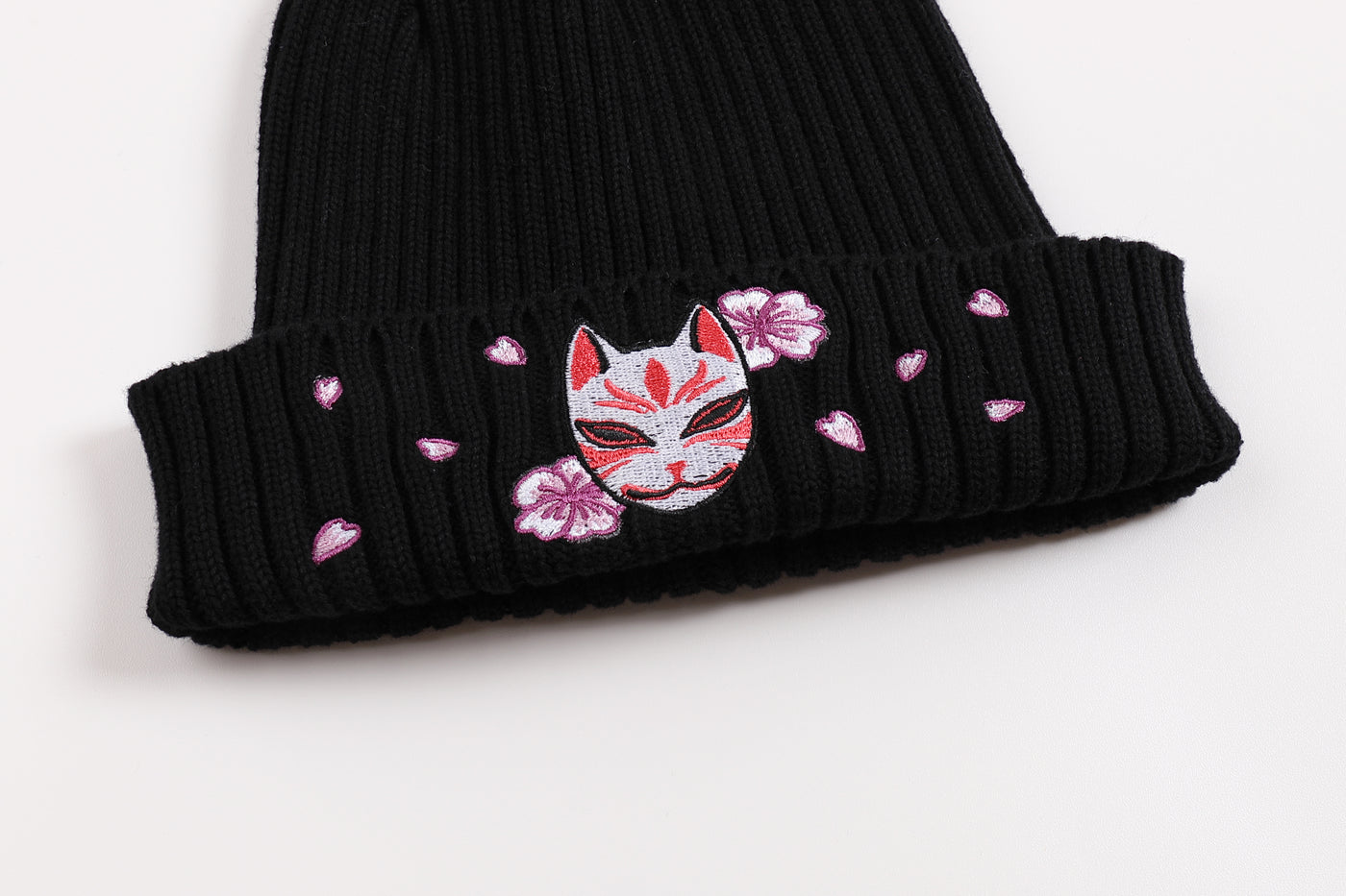 Embroidered Kitsune Mask and Blossom Beanie - Black