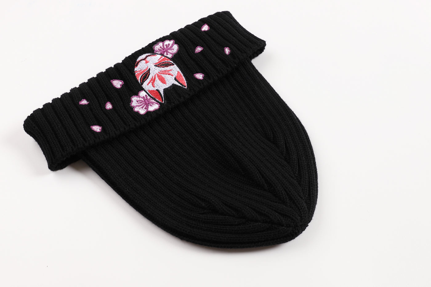 Embroidered Kitsune Mask and Blossom Beanie - Black