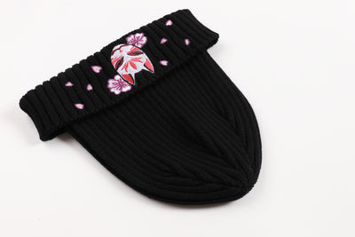 Embroidered Kitsune Mask and Blossom Beanie - Black