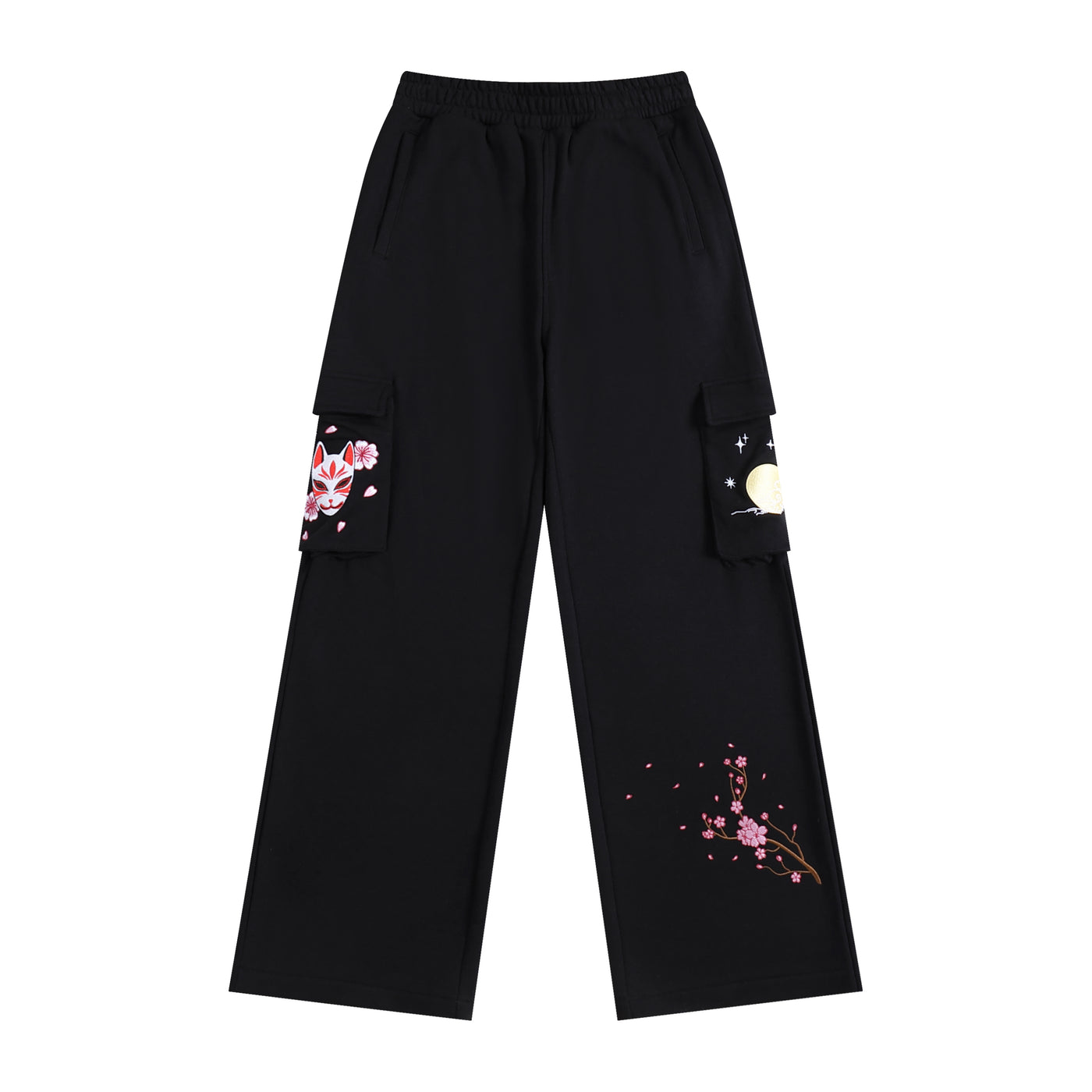 Embroidered Moonlit Blossom and Kitsune Baggy Cargo Sweatpants - Black
