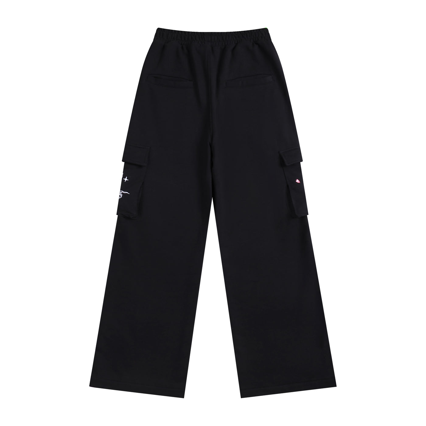 Embroidered Moonlit Blossom and Kitsune Baggy Cargo Sweatpants - Black