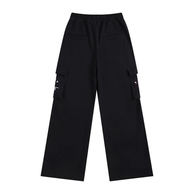 Embroidered Moonlit Blossom and Kitsune Baggy Cargo Sweatpants - Black