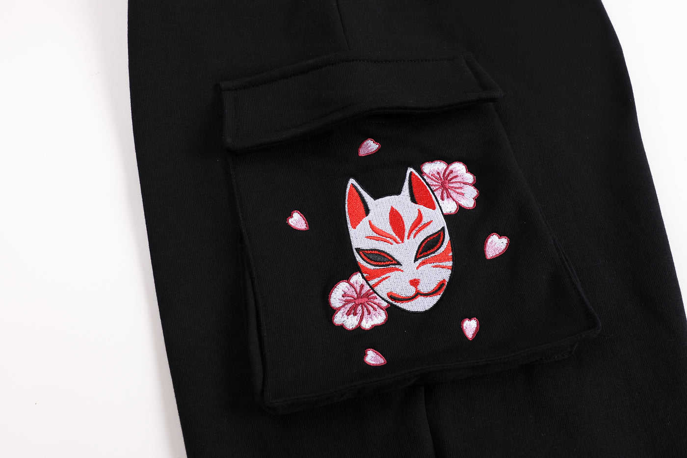 Embroidered Moonlit Blossom and Kitsune Baggy Cargo Sweatpants - Black