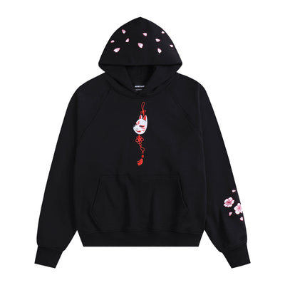 Embroidered Blossom and Kitsune Mask Hoodie (Oversized) - Black