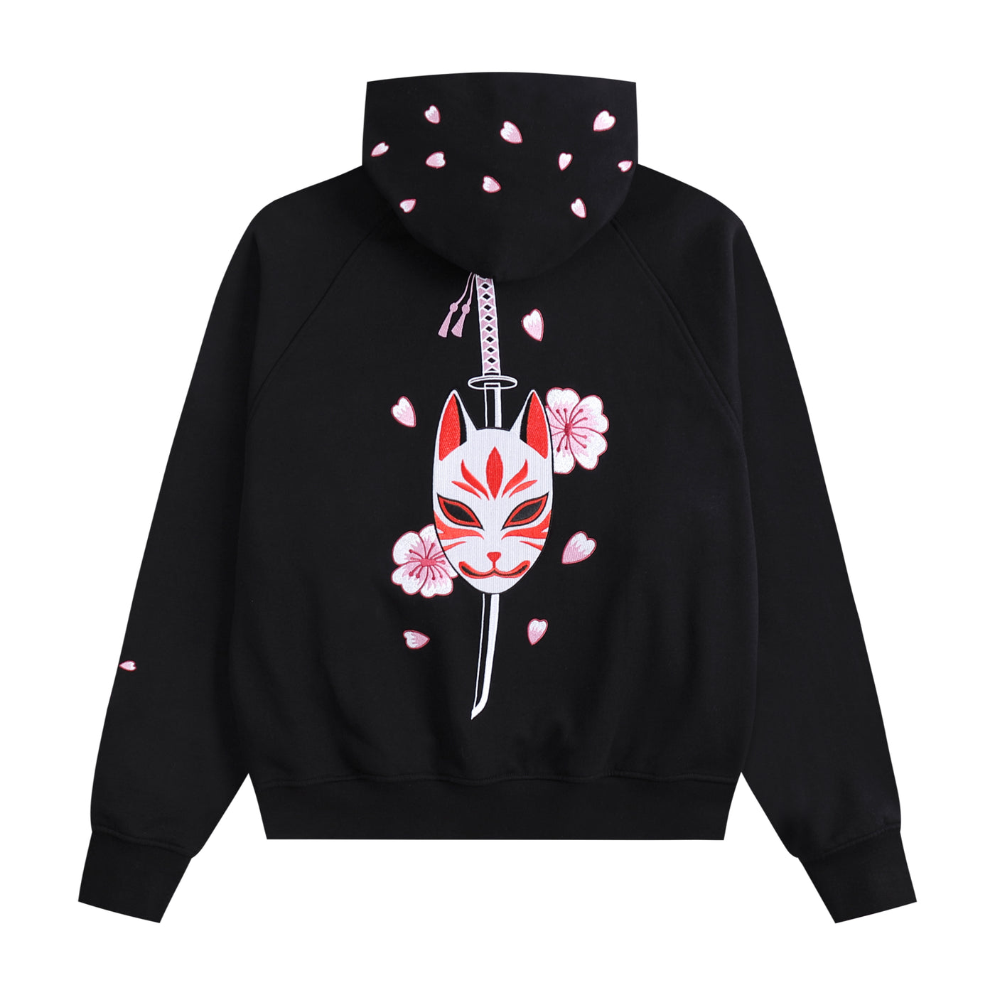 Embroidered Blossom and Kitsune Mask Hoodie (Oversized) - Black