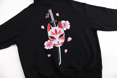 Embroidered Blossom and Kitsune Mask Hoodie (Oversized) - Black