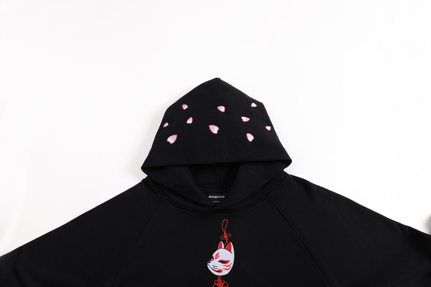 Embroidered Blossom and Kitsune Mask Hoodie (Oversized) - Black