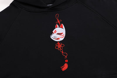 Embroidered Blossom and Kitsune Mask Hoodie (Oversized) - Black