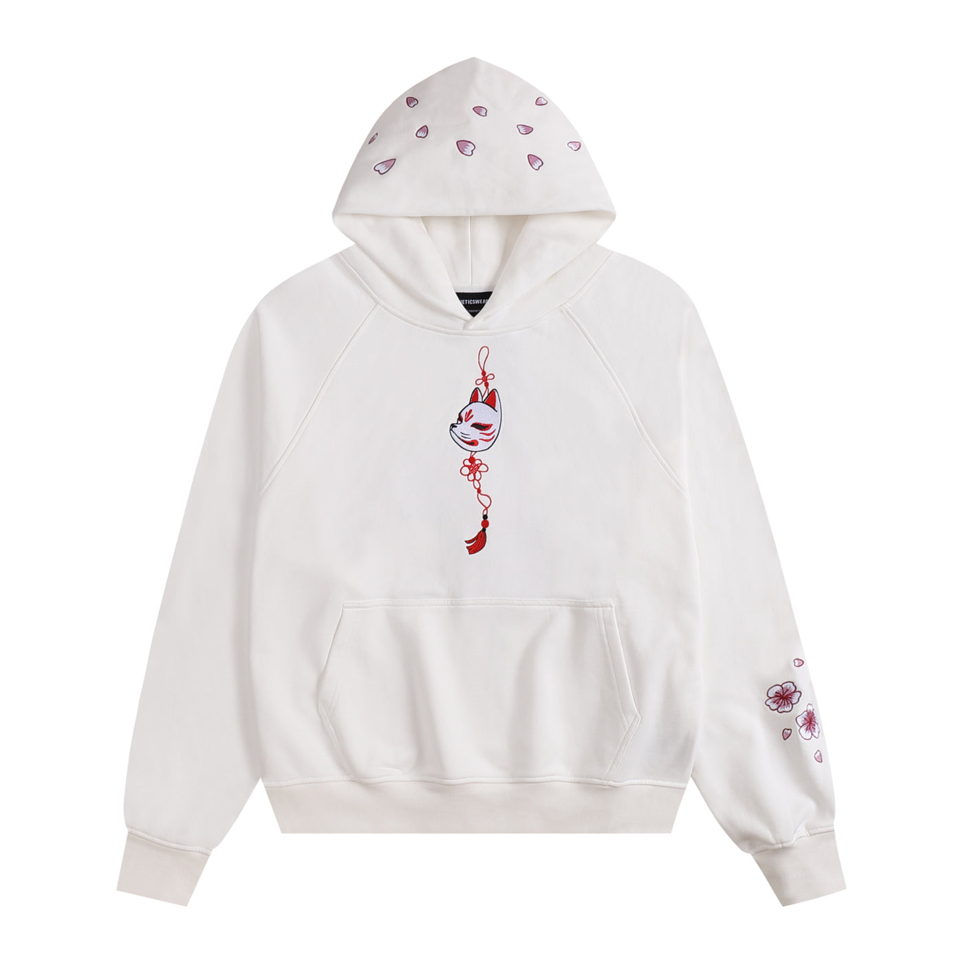 Embroidered Blossom and Kitsune Mask Hoodie (Oversized) - White