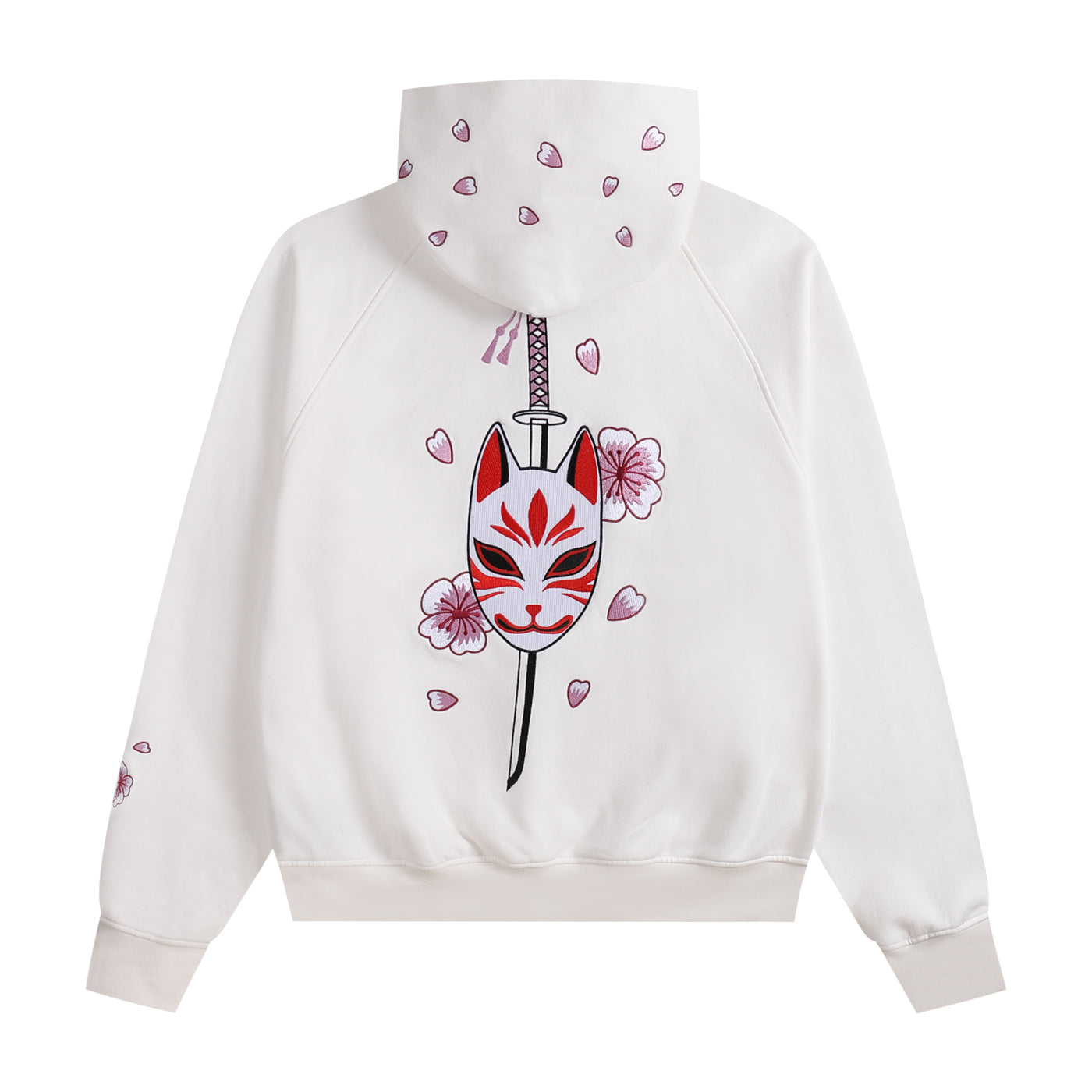 Embroidered Blossom and Kitsune Mask Hoodie (Oversized) - White