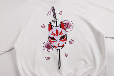 Embroidered Blossom and Kitsune Mask Hoodie (Oversized) - White