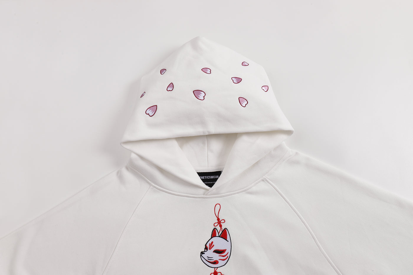 Embroidered Blossom and Kitsune Mask Hoodie (Oversized) - White