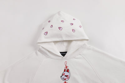 Embroidered Blossom and Kitsune Mask Hoodie (Oversized) - White