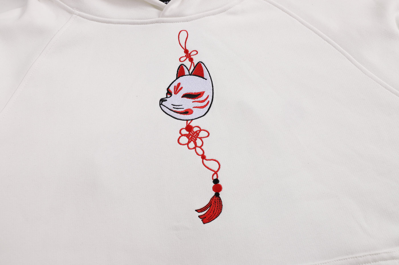 Embroidered Blossom and Kitsune Mask Hoodie (Oversized) - White