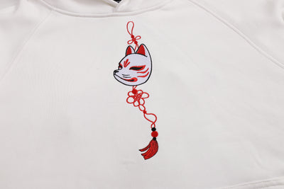 Embroidered Blossom and Kitsune Mask Hoodie (Oversized) - White